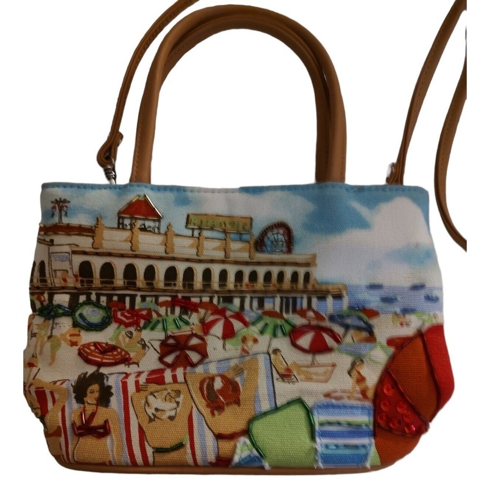 Beach scene Frankie and Johnnie Retro Beaded Purse Canvas Handbag Crossbody EUC